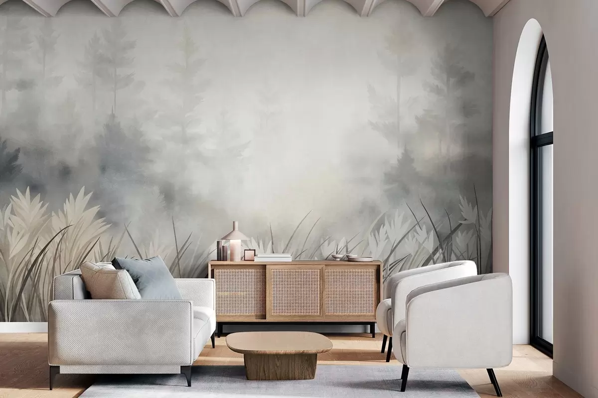 Fototapet Landskap med högt vildgräs och tallskog, minimalistisk stil med tydlig struktur w10082