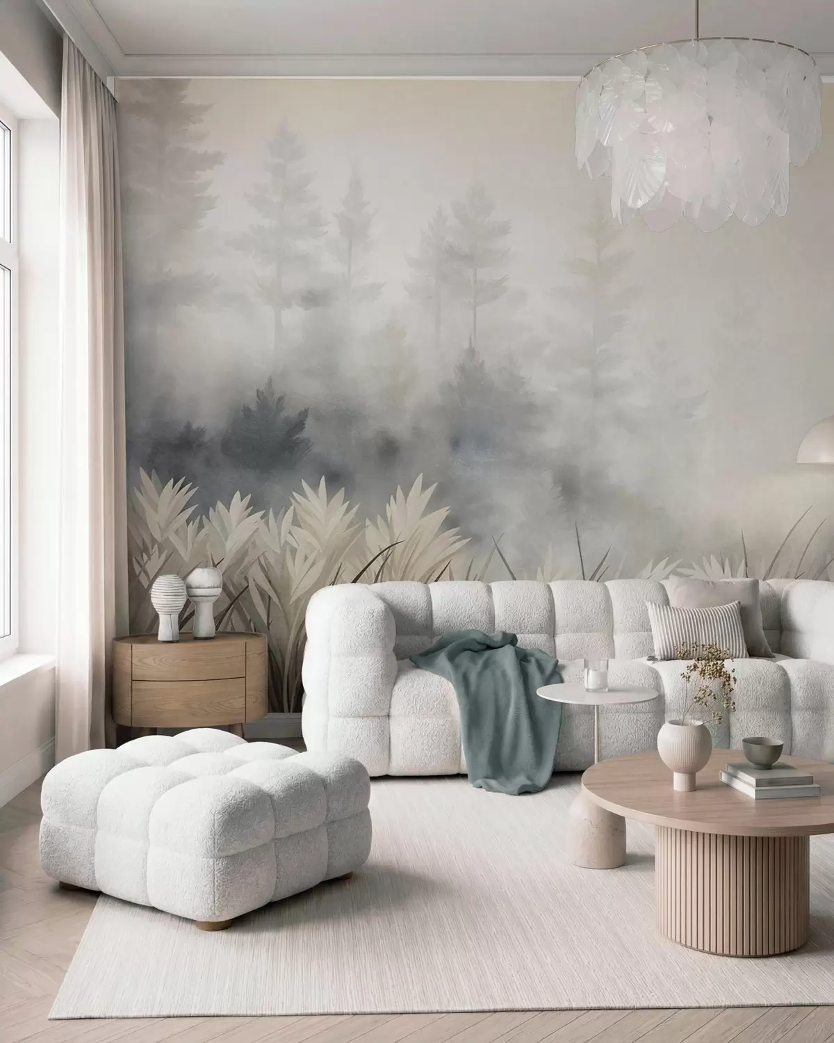 Fototapet Landskap med högt vildgräs och tallskog, minimalistisk stil med tydlig struktur w10082