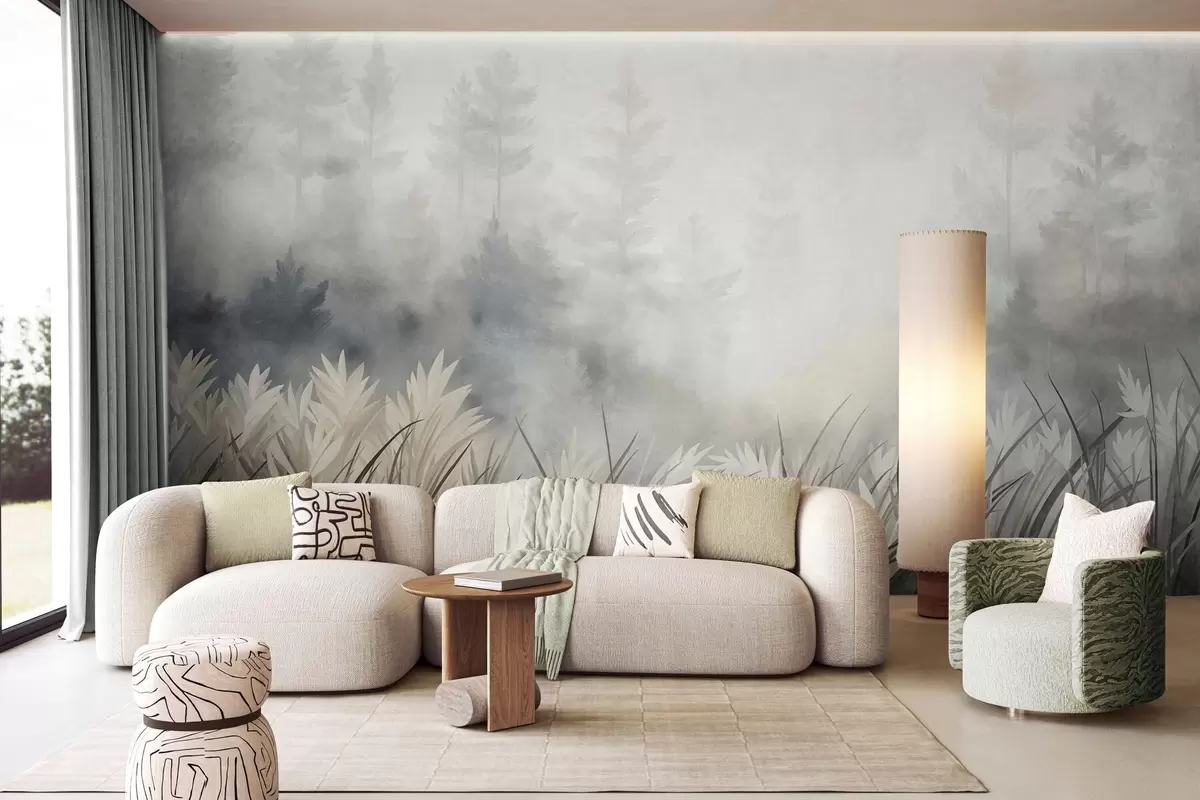 Fototapet Landskap med högt vildgräs och tallskog, minimalistisk stil med tydlig struktur w10082