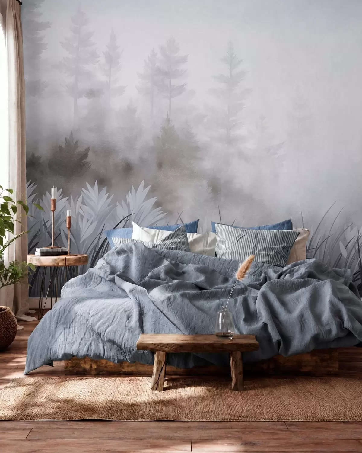 Fototapet Landskap med högt vildgräs och tallskog, minimalistisk stil med tydlig struktur w10082v1