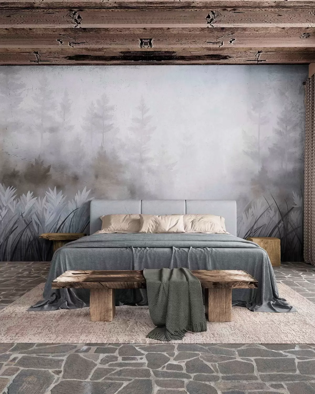 Fototapet Landskap med högt vildgräs och tallskog, minimalistisk stil med tydlig struktur w10082v1
