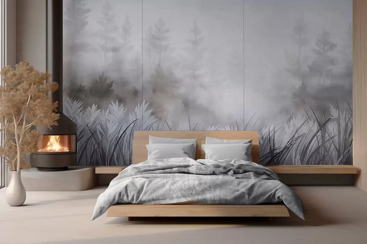 Fototapet Landskap med högt vildgräs och tallskog, minimalistisk stil med tydlig struktur w10082v1