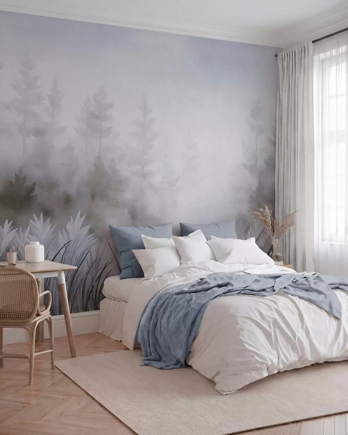 Fototapet Landskap med högt vildgräs och tallskog, minimalistisk stil med tydlig struktur w10082v1