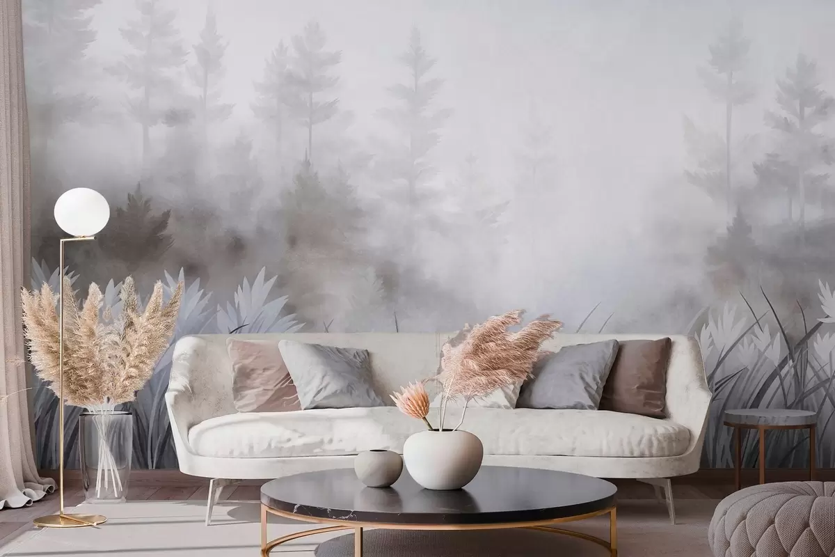 Fototapet Landskap med högt vildgräs och tallskog, minimalistisk stil med tydlig struktur w10082v1