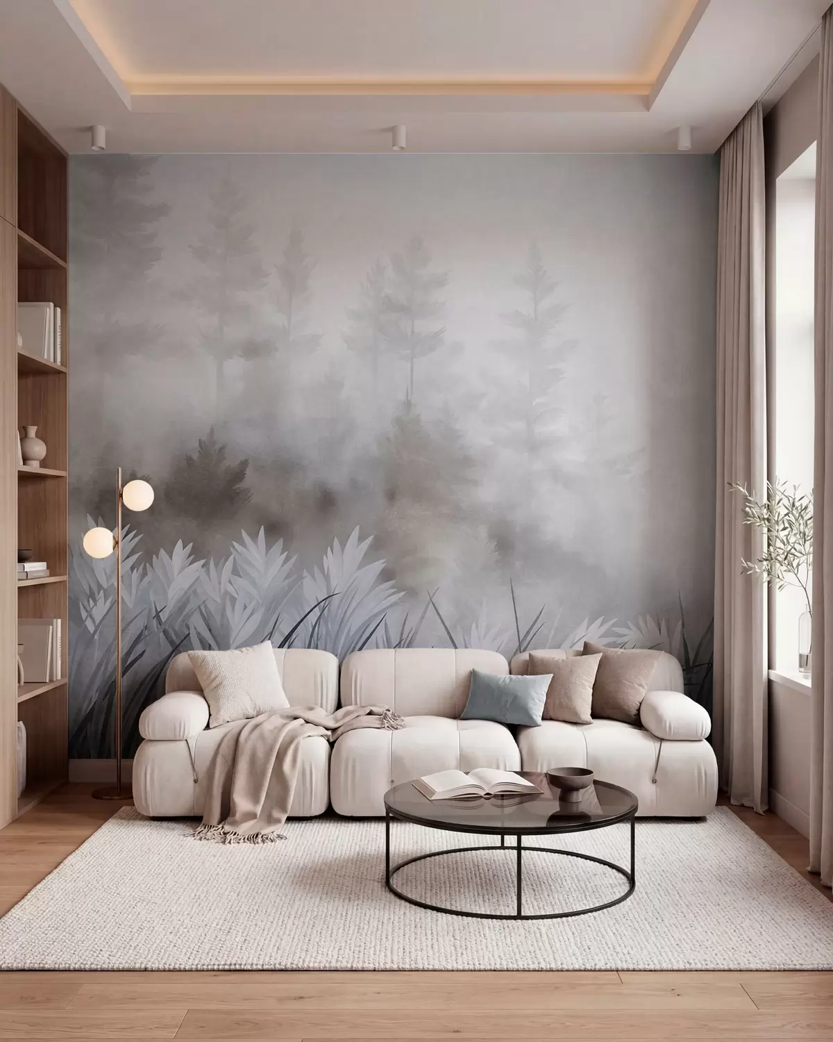 Fototapet Landskap med högt vildgräs och tallskog, minimalistisk stil med tydlig struktur w10082v1