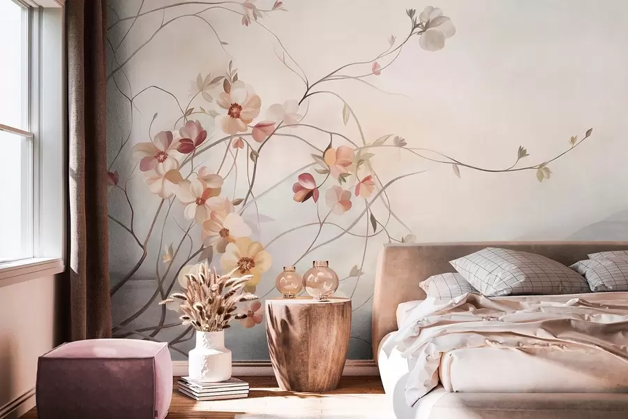 Fototapet Slingrande vinstockar med delikata persikofärgade och krämfärgade blommor w10083