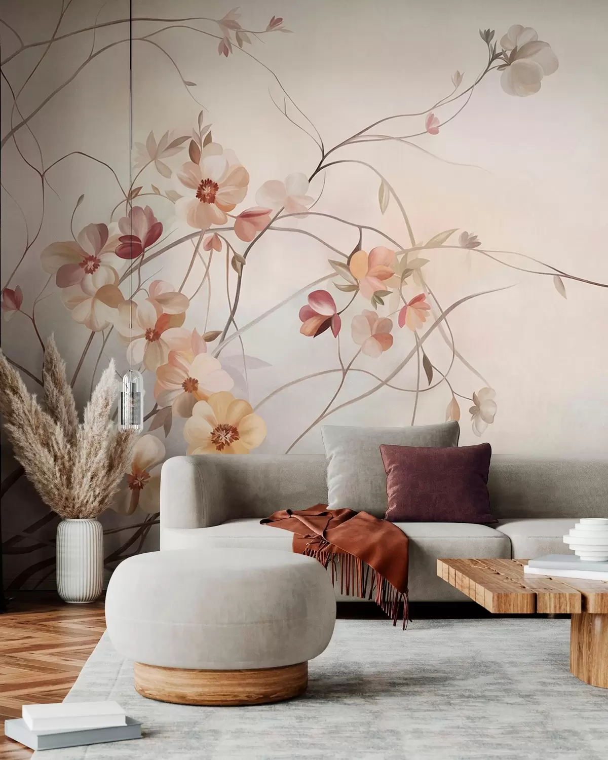 Fototapet Slingrande vinstockar med delikata persikofärgade och krämfärgade blommor w10083