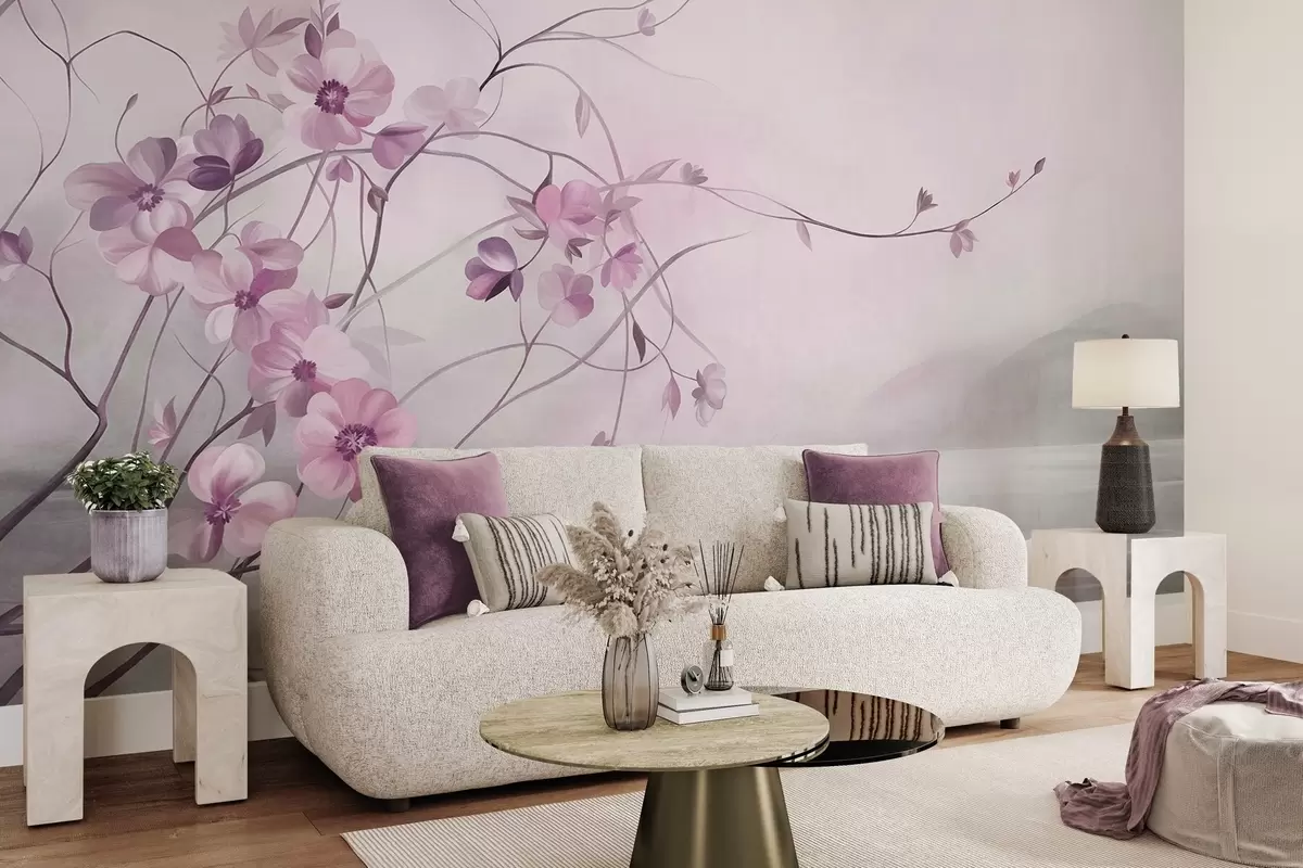 Fototapet Slingrande rankor med ömtåliga, dämpat rosa blommor w10083v1