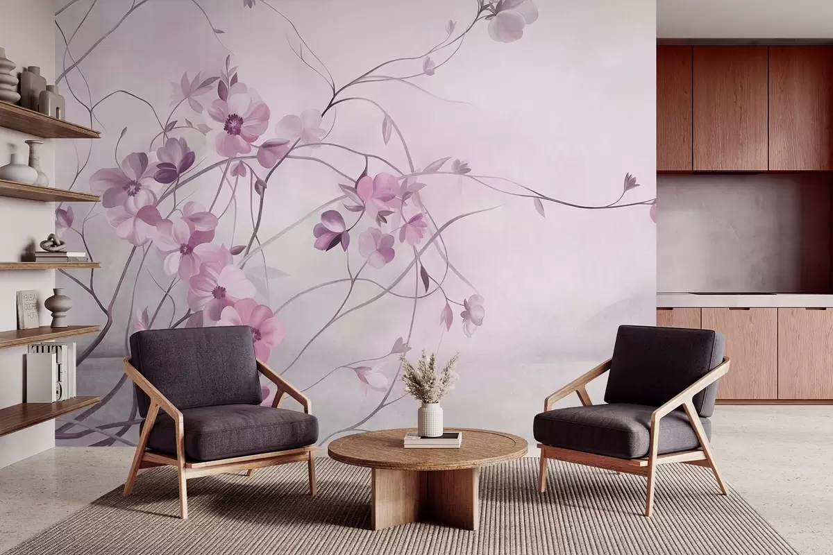 Fototapet Slingrande rankor med ömtåliga, dämpat rosa blommor w10083v1