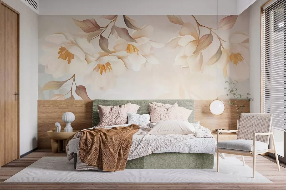 Fototapet Magnoliablommor med fina bruna blad som hänger från grenarna w10086
