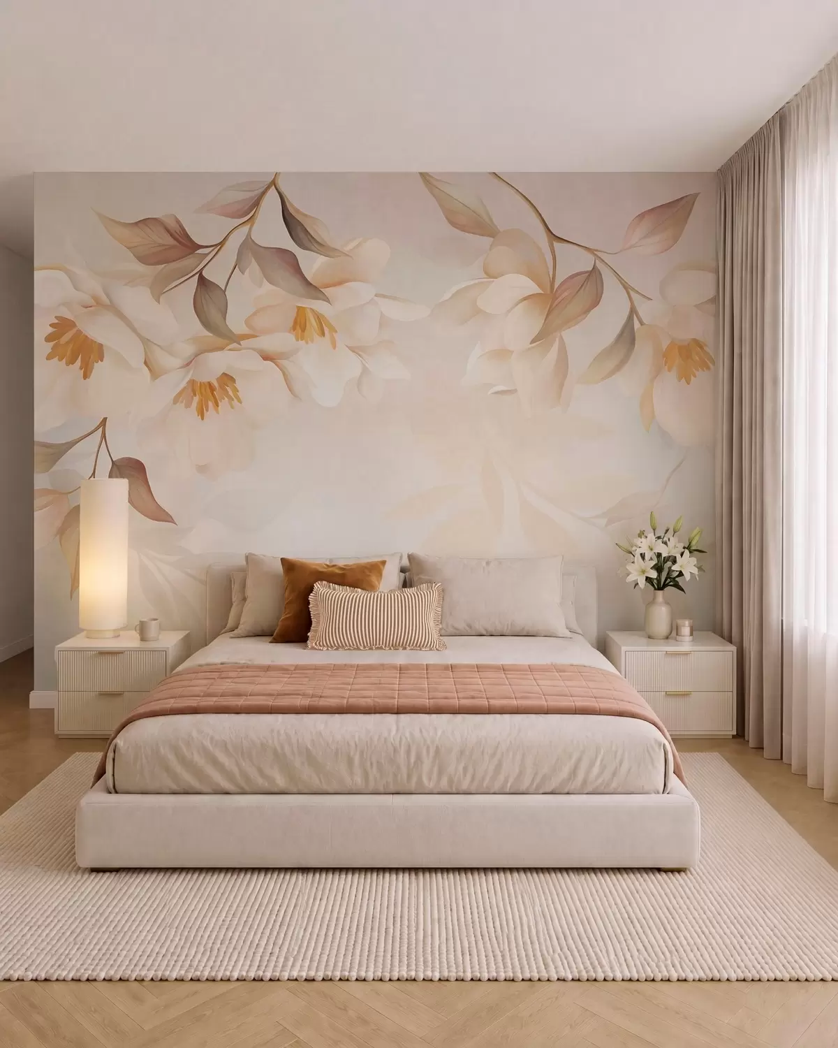 Fototapet Magnoliablommor med fina bruna blad som hänger från grenarna w10086