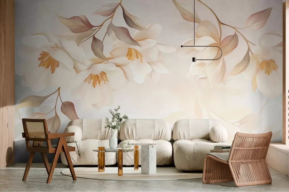 Fototapet Magnoliablommor med fina bruna blad som hänger från grenarna w10086
