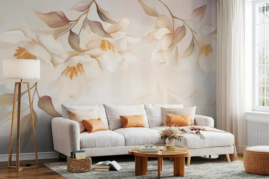 Fototapet Magnoliablommor med fina bruna blad som hänger från grenarna w10086