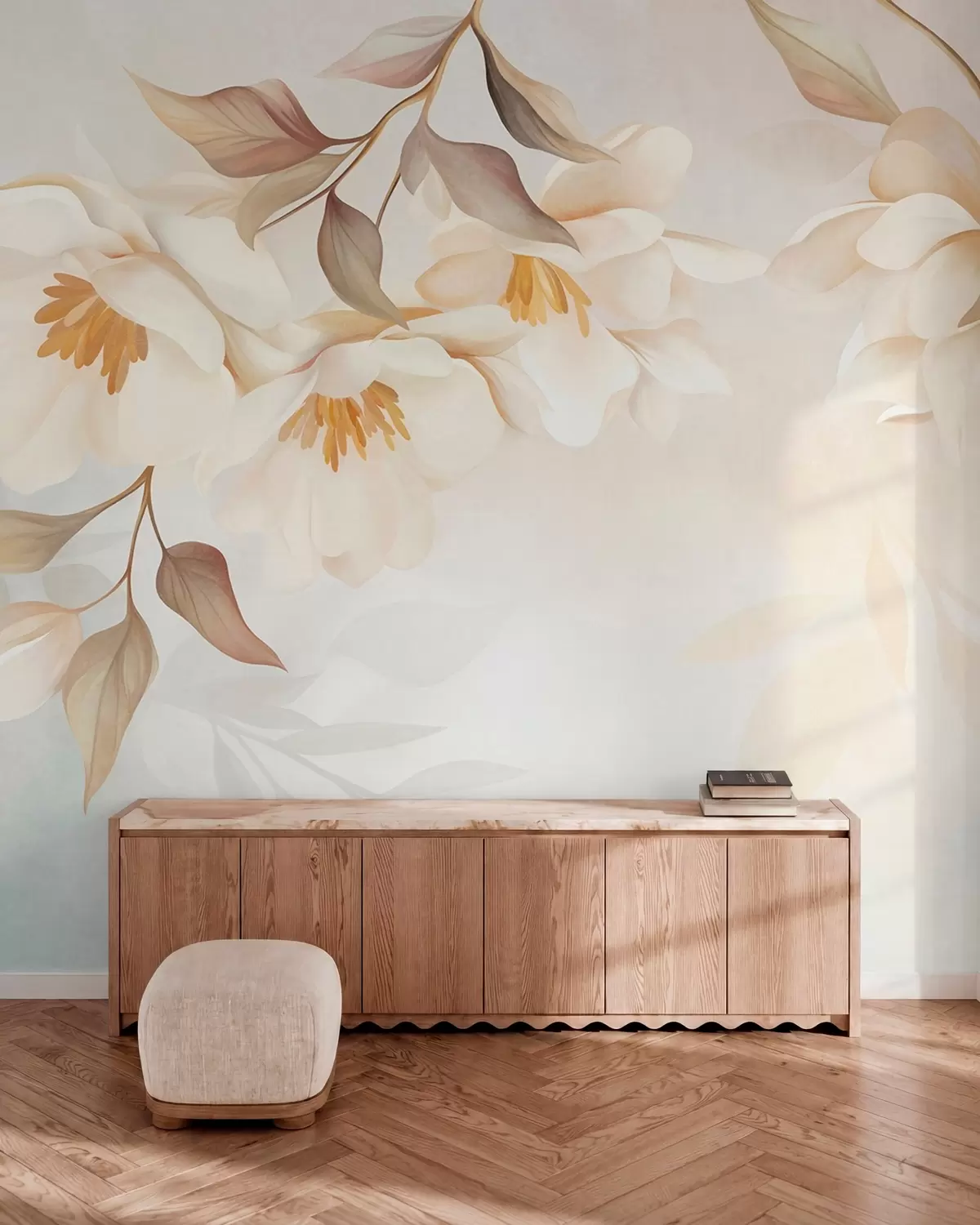 Fototapet Magnoliablommor med fina bruna blad som hänger från grenarna w10086