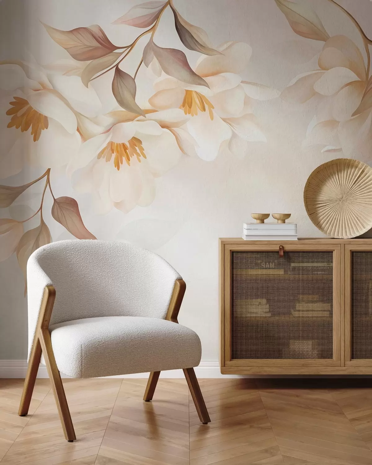 Fototapet Magnoliablommor med fina bruna blad som hänger från grenarna w10086