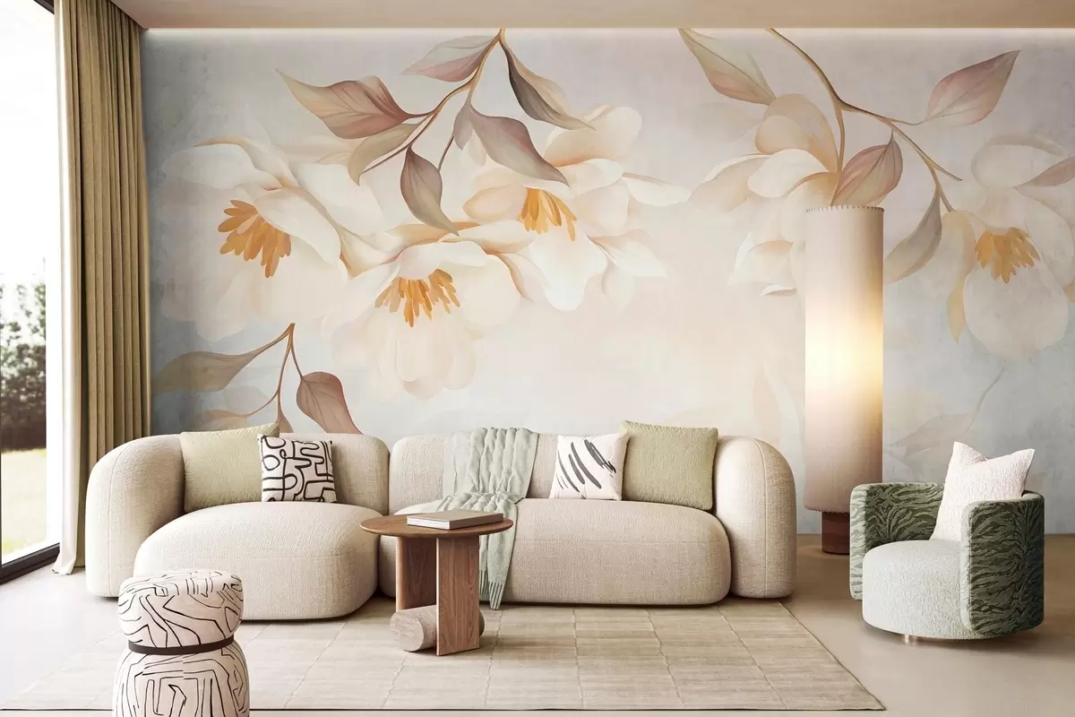 Fototapet Magnoliablommor med fina bruna blad som hänger från grenarna w10086
