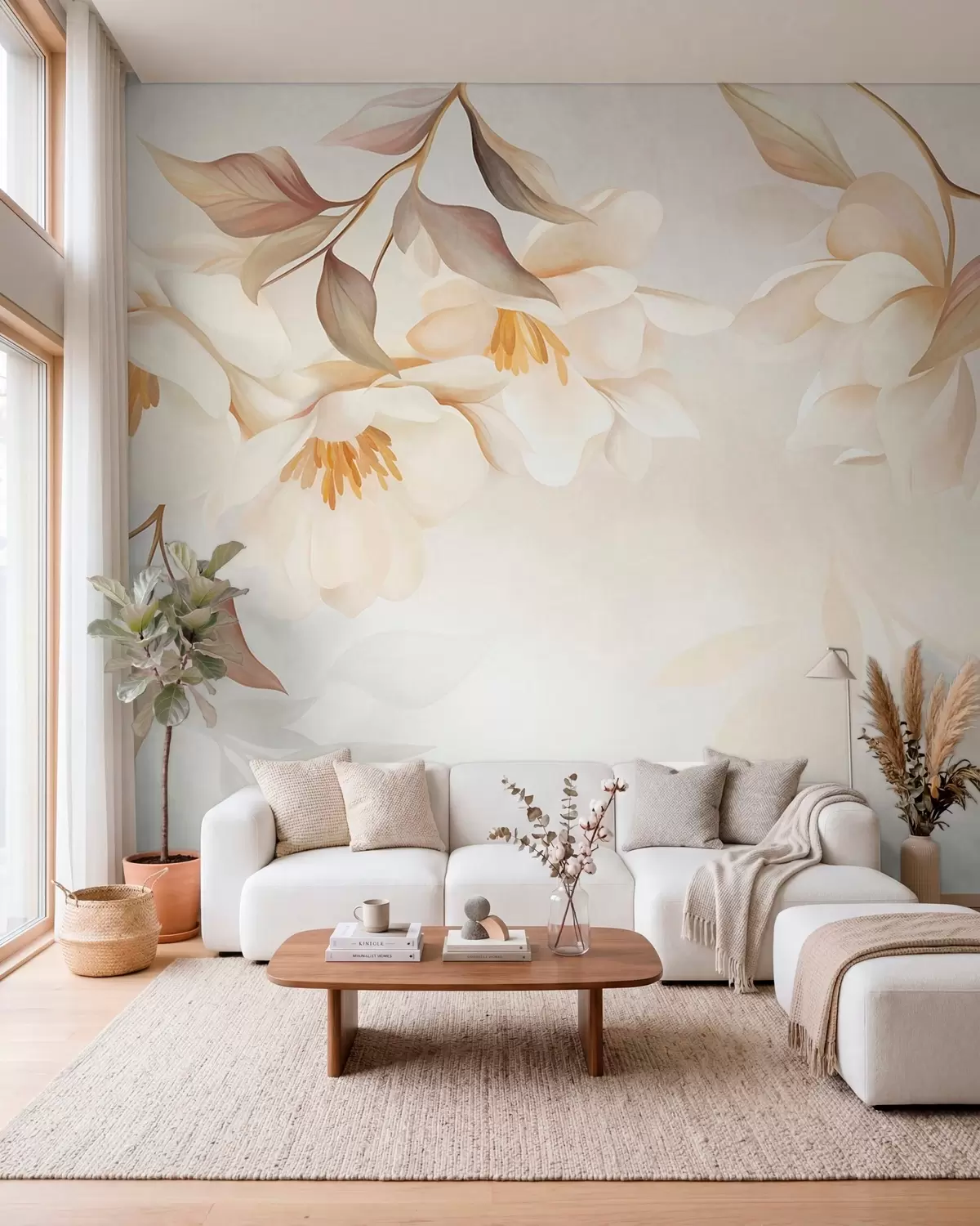 Fototapet Magnoliablommor med fina bruna blad som hänger från grenarna w10086