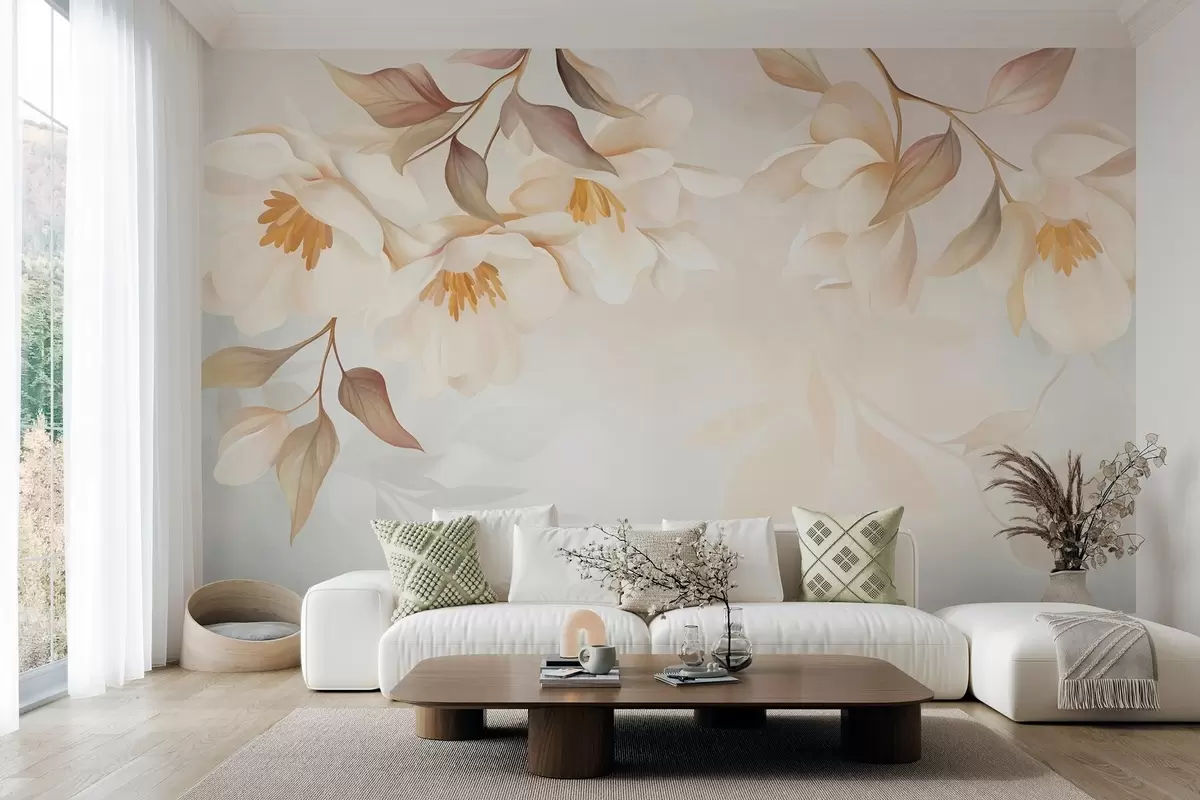 Fototapet Magnoliablommor med fina bruna blad som hänger från grenarna w10086