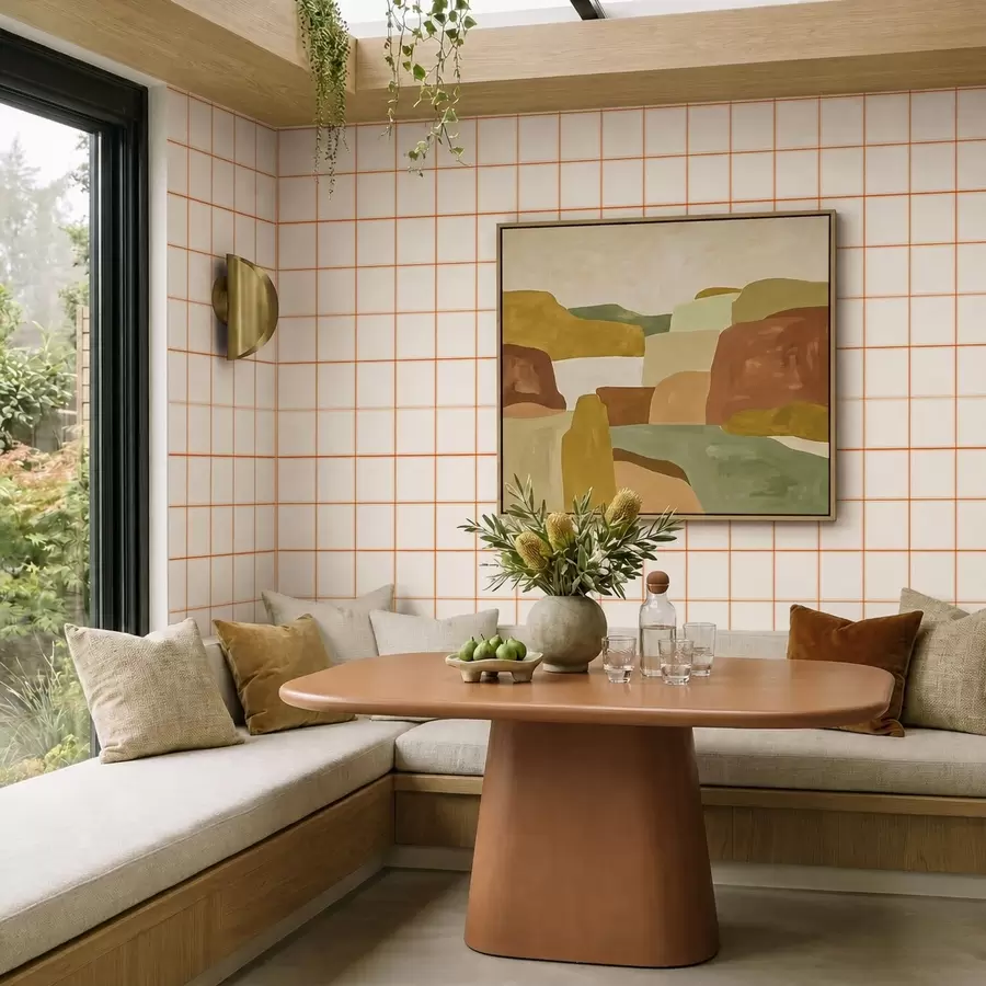 Fototapet Rutnät bestående av nio beige rutor med terrakottakant a01277
