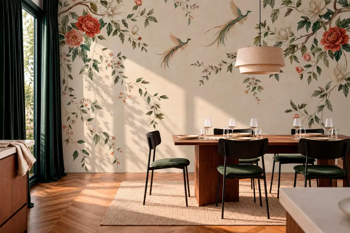 Fototapet Blommande grenar och paradisfåglar mot en krämfärgad bakgrund w05955