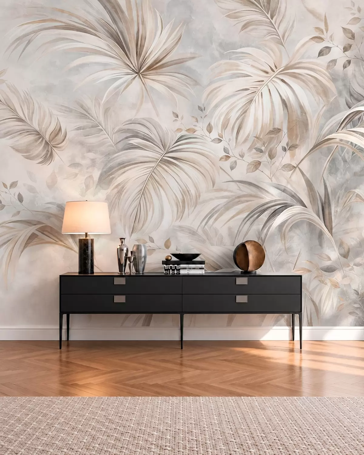 Fototapet Tropiskt bladverk i mjuka beige- och gråtoner w05956