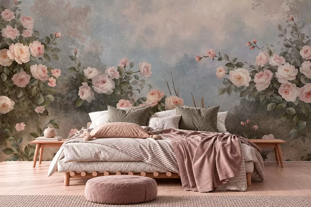 Fototapet Frodiga rosa rosenbuskar mot ett dimmigt landskap w05888