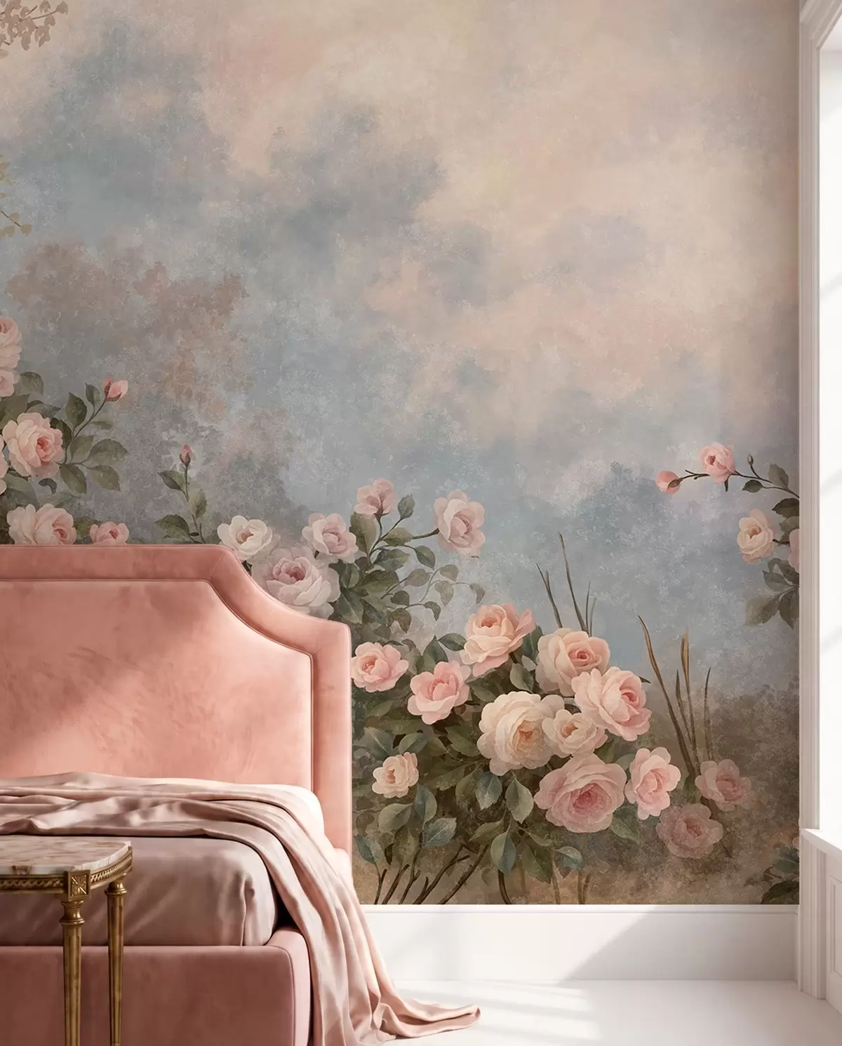 Fototapet Frodiga rosa rosenbuskar mot ett dimmigt landskap w05888