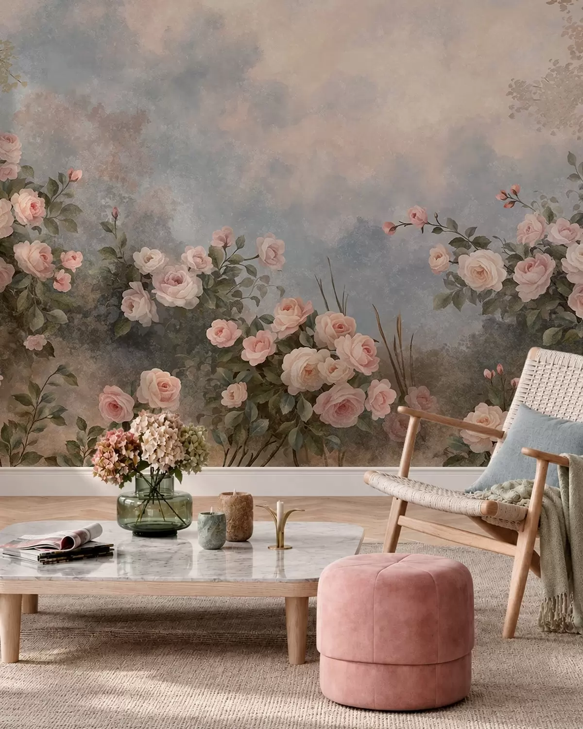 Fototapet Frodiga rosa rosenbuskar mot ett dimmigt landskap w05888