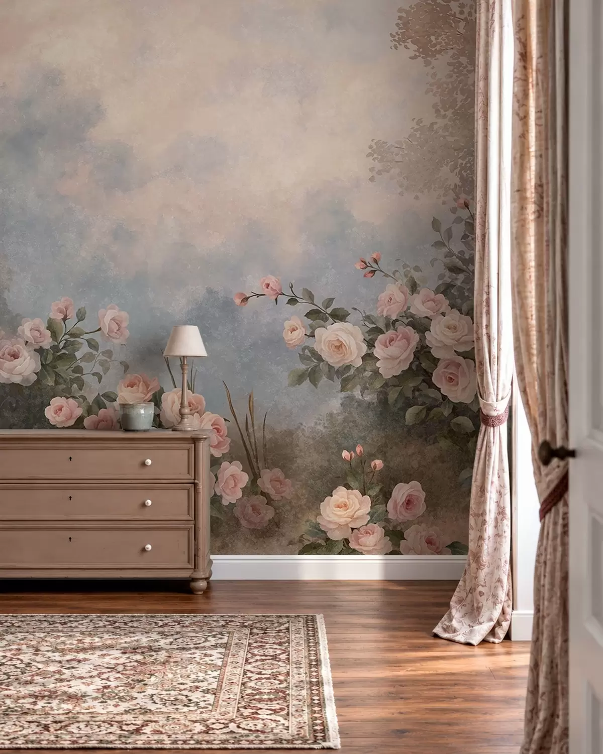 Fototapet Frodiga rosa rosenbuskar mot ett dimmigt landskap w05888