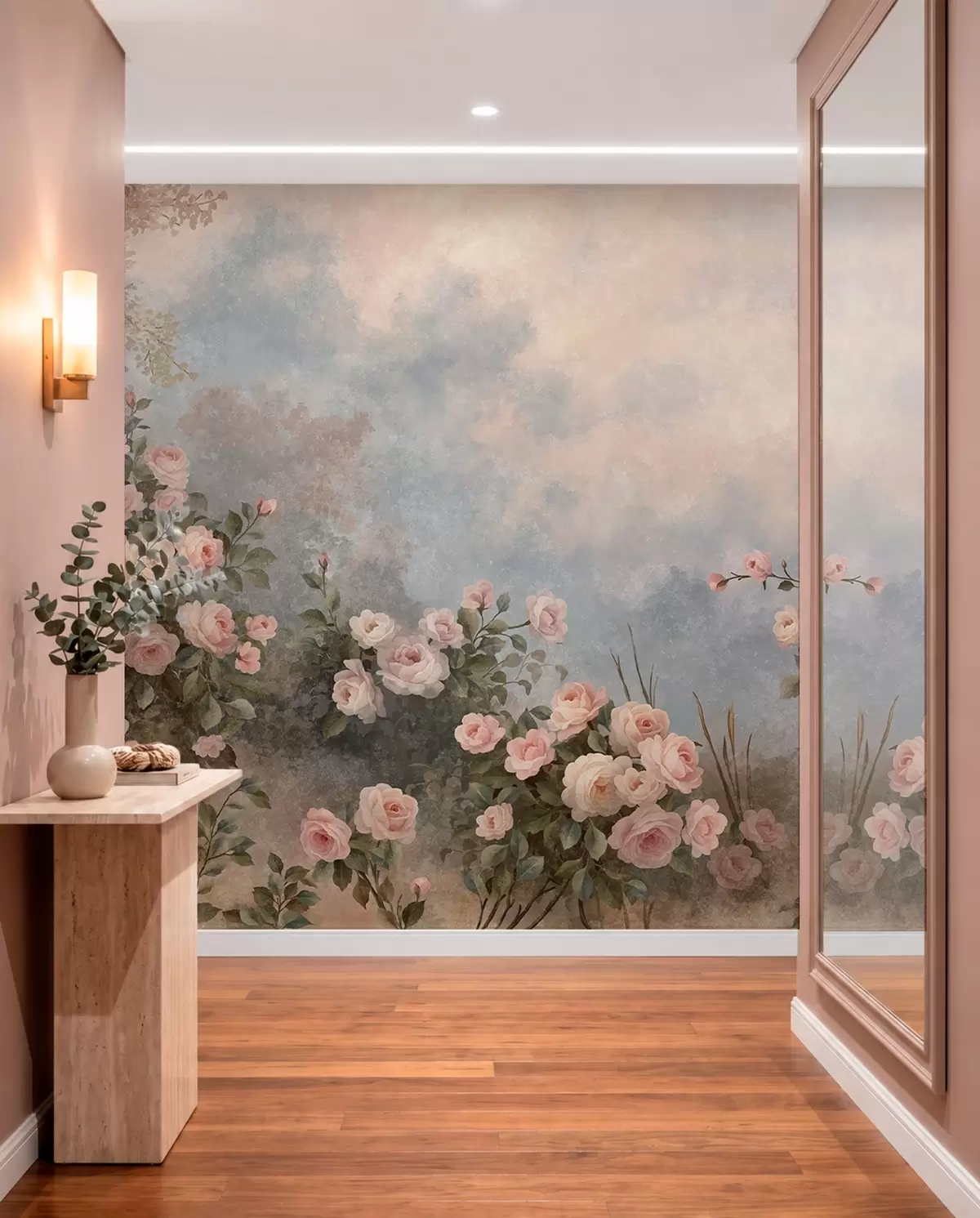 Fototapet Frodiga rosa rosenbuskar mot ett dimmigt landskap w05888