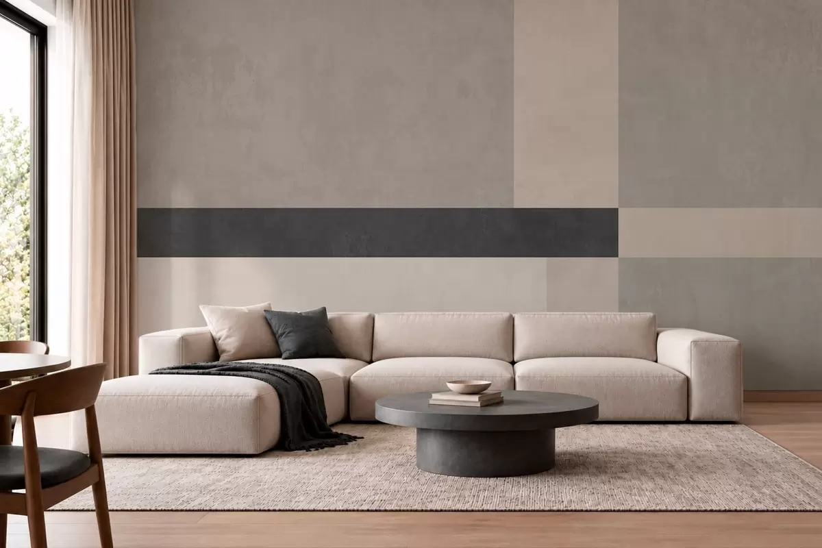 Fototapet Abstrakt geometri med beige och grå block samt en mörk rand w05891