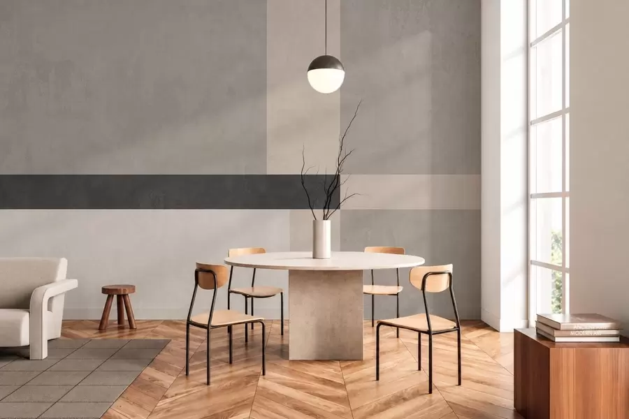 Fototapet Abstrakt geometri med beige och grå block samt en mörk rand w05891