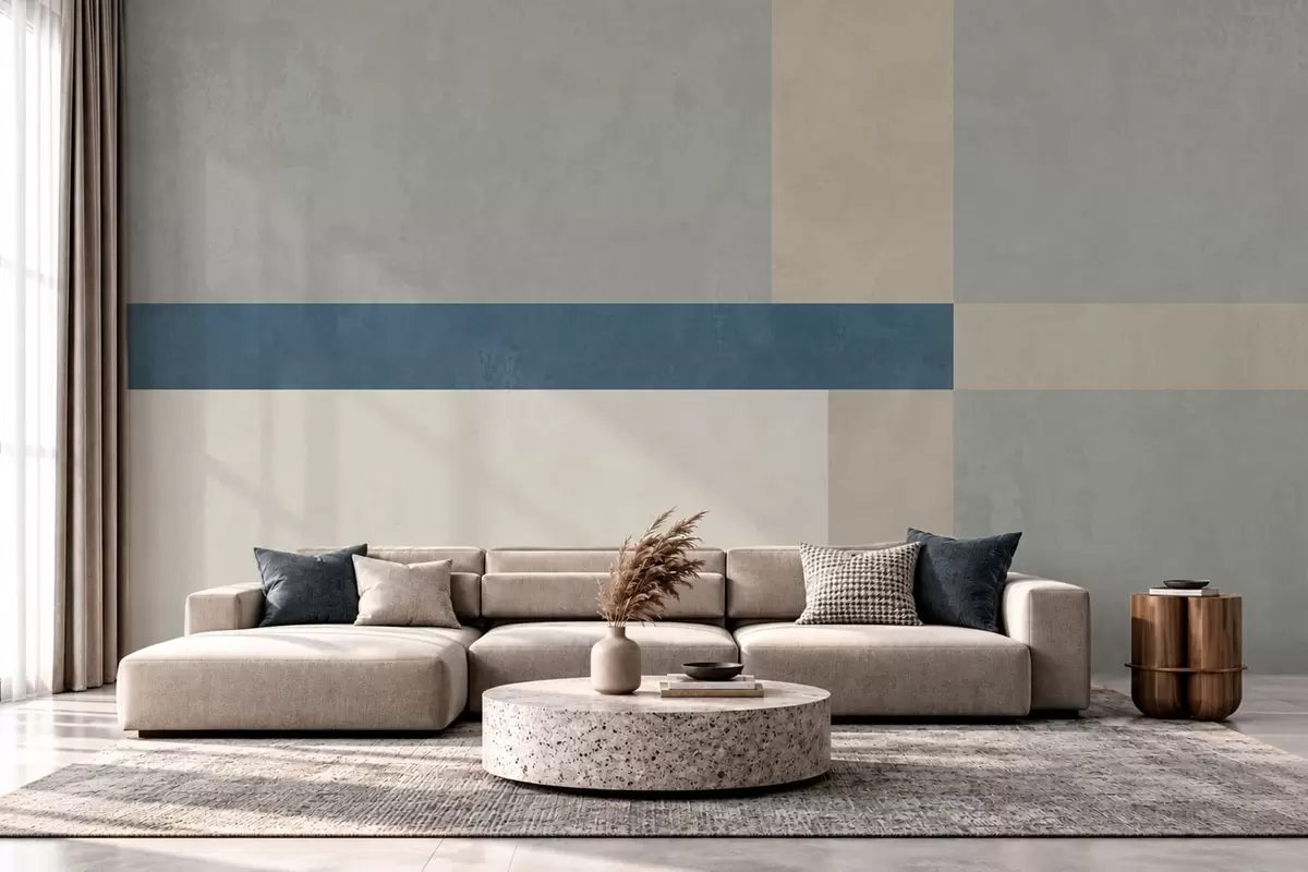 Fototapet Geometriska block i grå och beige nyanser med en blå rand w05891v1