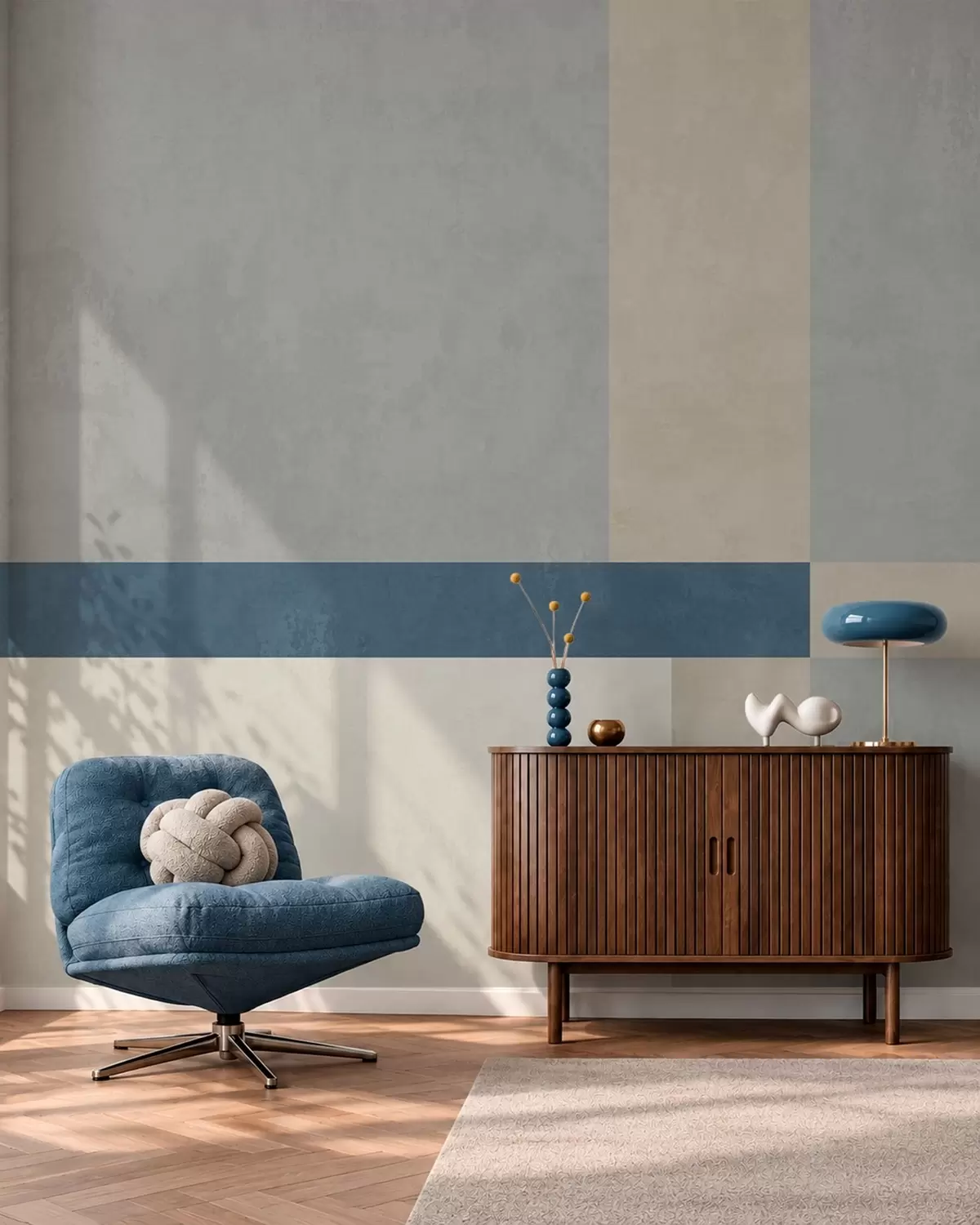 Fototapet Geometriska block i grå och beige nyanser med en blå rand w05891v1