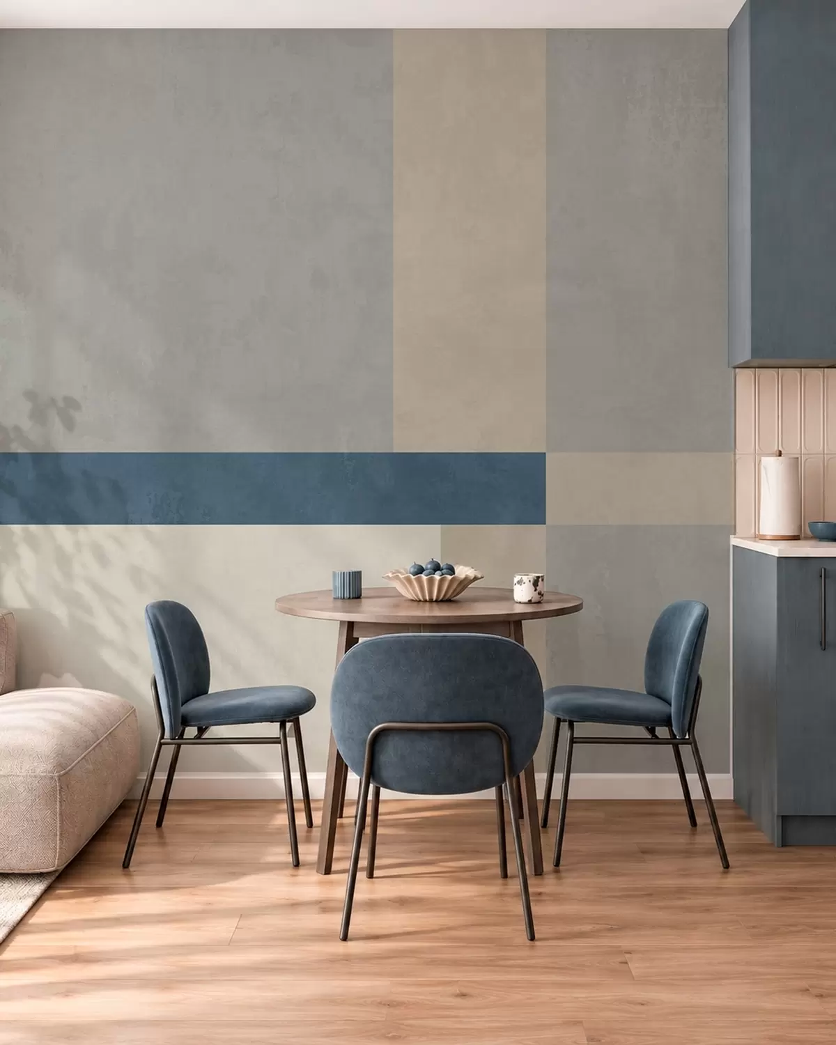 Fototapet Geometriska block i grå och beige nyanser med en blå rand w05891v1