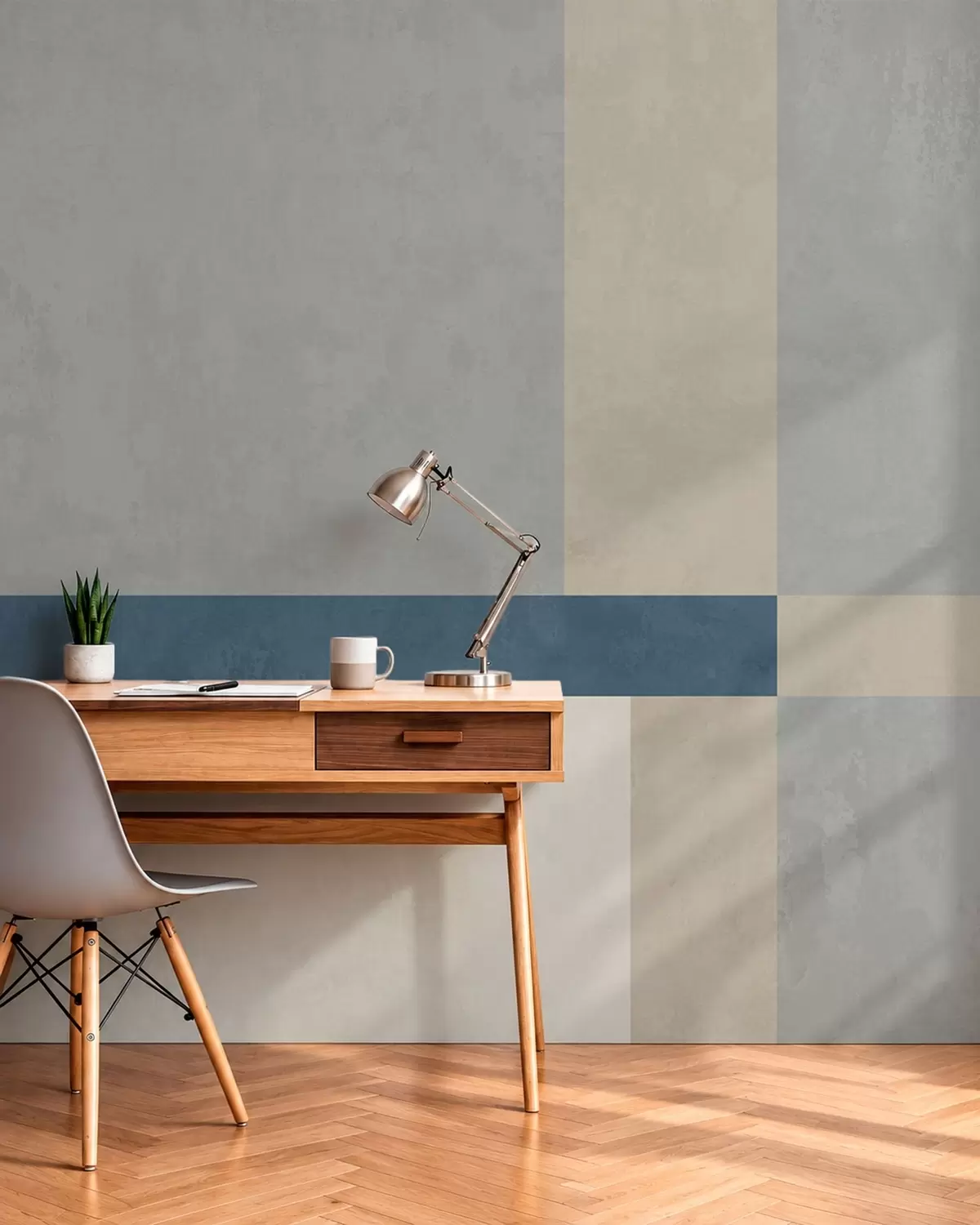 Fototapet Geometriska block i grå och beige nyanser med en blå rand w05891v1