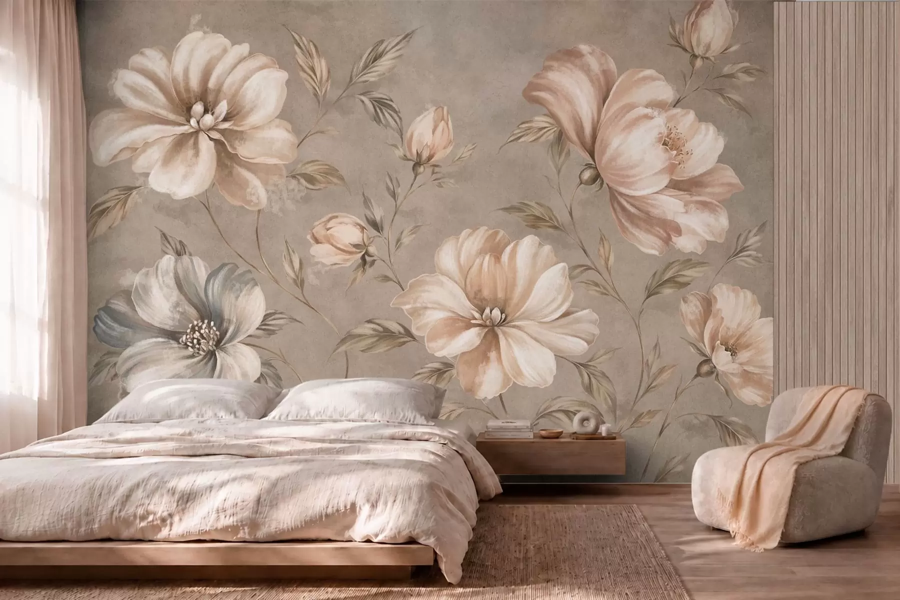 Fototapet Stora krämfärgade och beige blommor med blad w05958