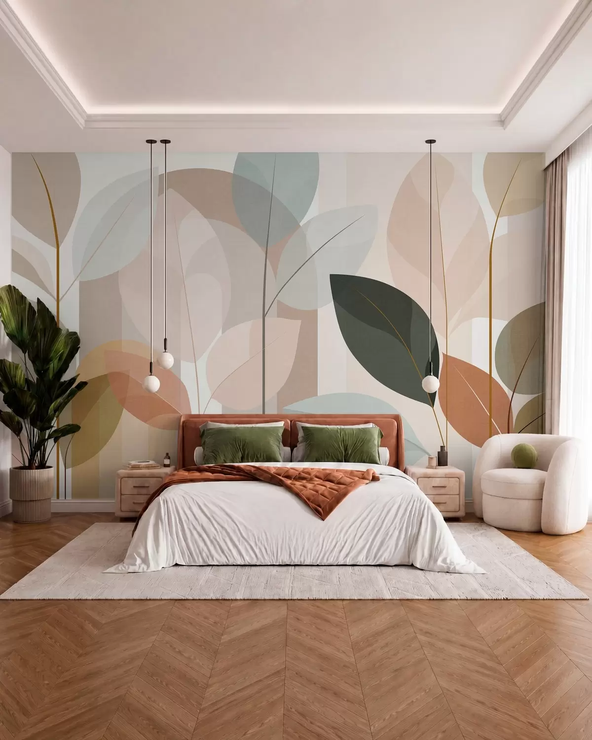 Fototapet ett abstrakt mönster med blad i matt vävstil, i nyanser av beige, terrakotta och persika w05986