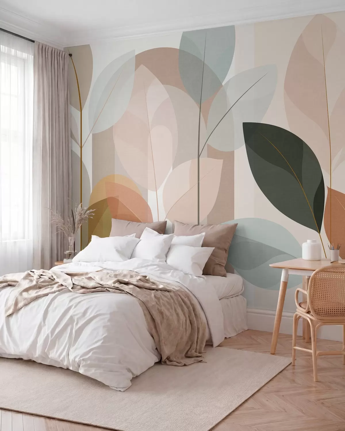 Fototapet ett abstrakt mönster med blad i matt vävstil, i nyanser av beige, terrakotta och persika w05986