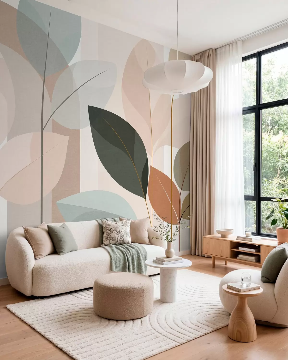 Fototapet ett abstrakt mönster med blad i matt vävstil, i nyanser av beige, terrakotta och persika w05986