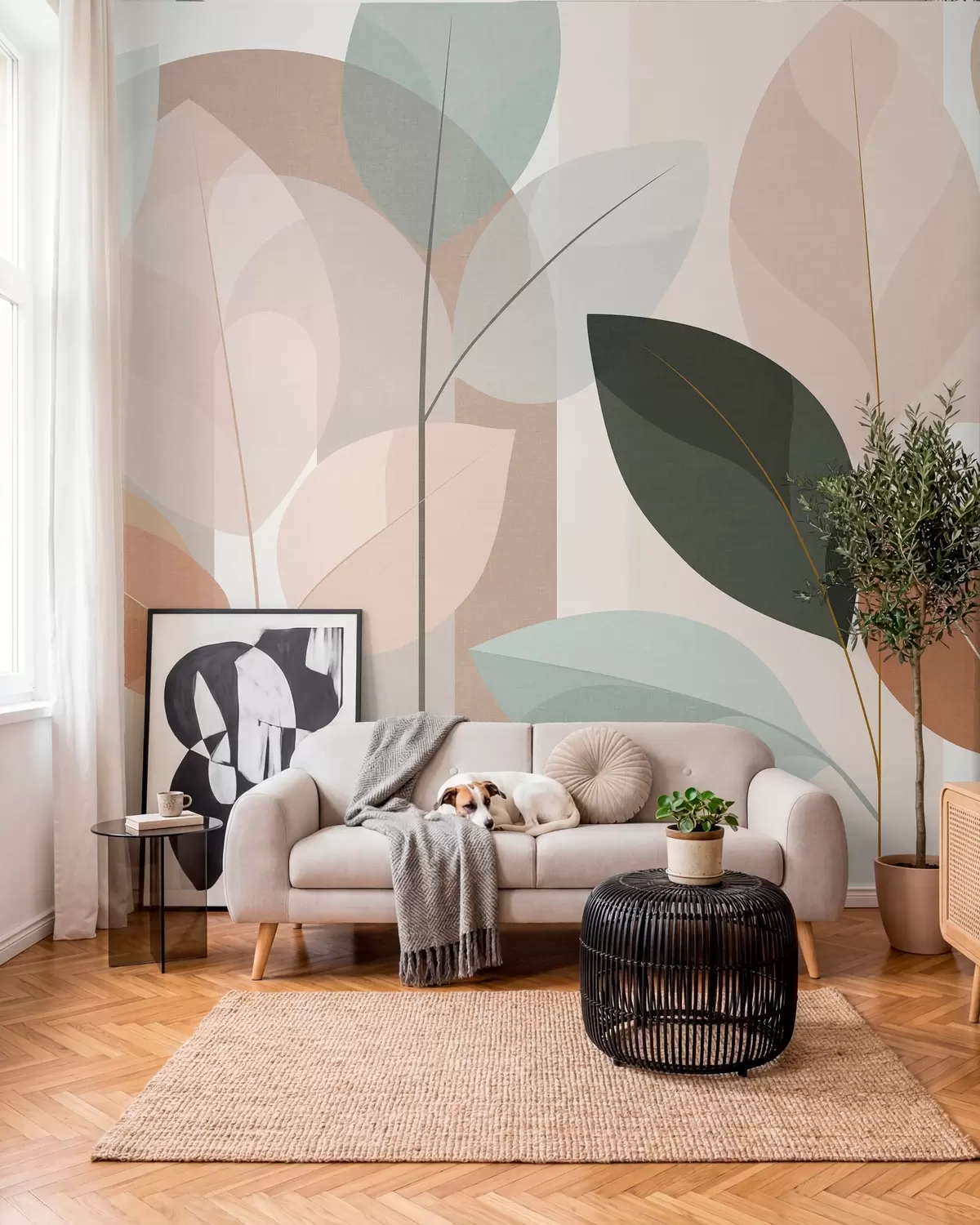 Fototapet ett abstrakt mönster med blad i matt vävstil, i nyanser av beige, terrakotta och persika w05986