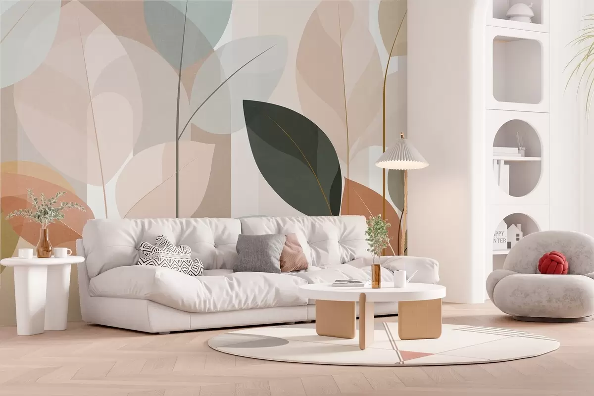 Fototapet ett abstrakt mönster med blad i matt vävstil, i nyanser av beige, terrakotta och persika w05986