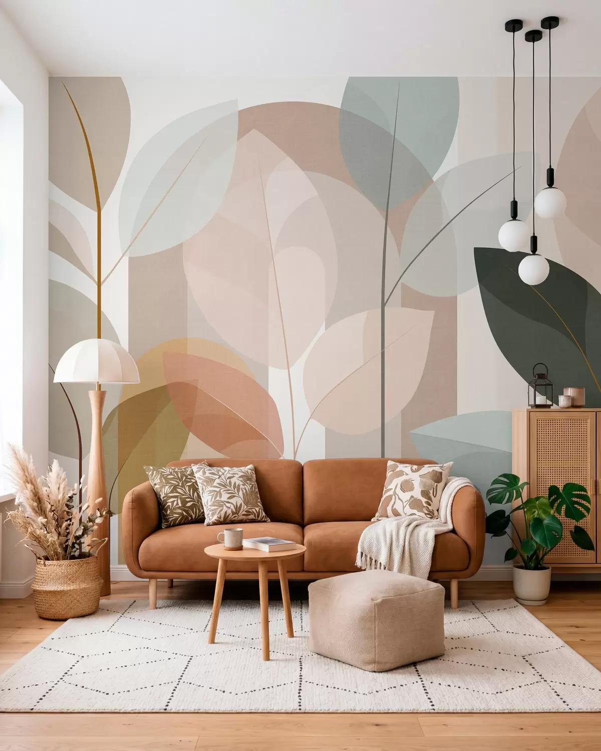 Fototapet ett abstrakt mönster med blad i matt vävstil, i nyanser av beige, terrakotta och persika w05986