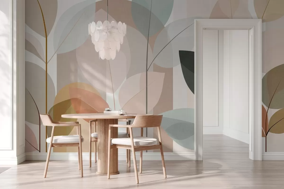 Fototapet ett abstrakt mönster med blad i matt vävstil, i nyanser av beige, terrakotta och persika w05986