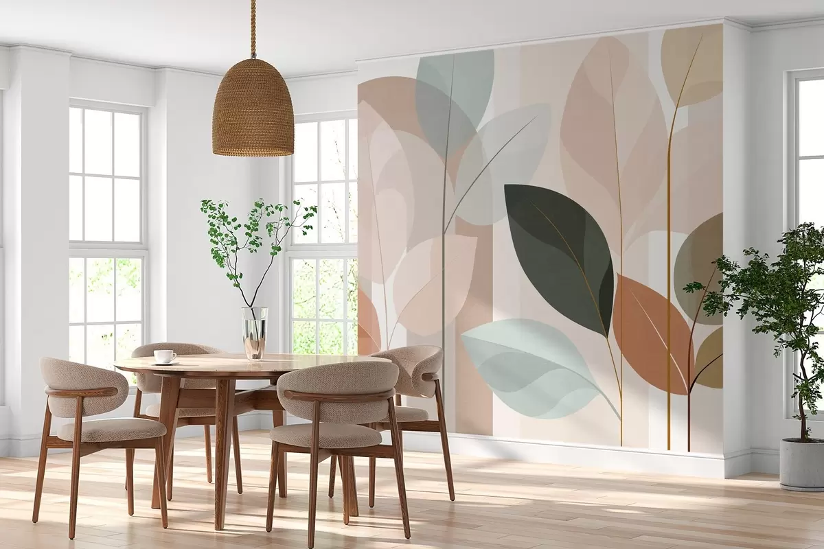 Fototapet ett abstrakt mönster med blad i matt vävstil, i nyanser av beige, terrakotta och persika w05986