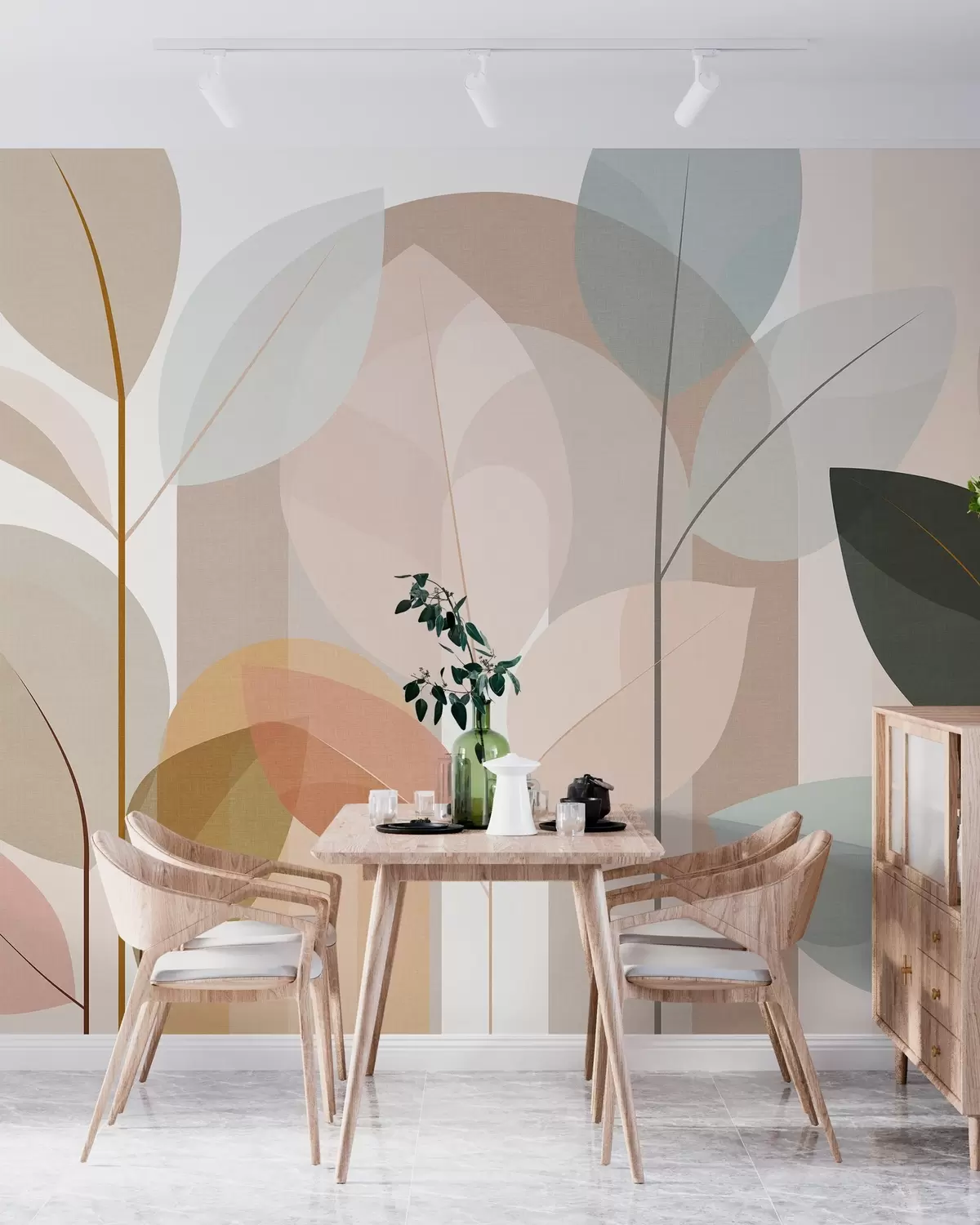 Fototapet ett abstrakt mönster med blad i matt vävstil, i nyanser av beige, terrakotta och persika w05986