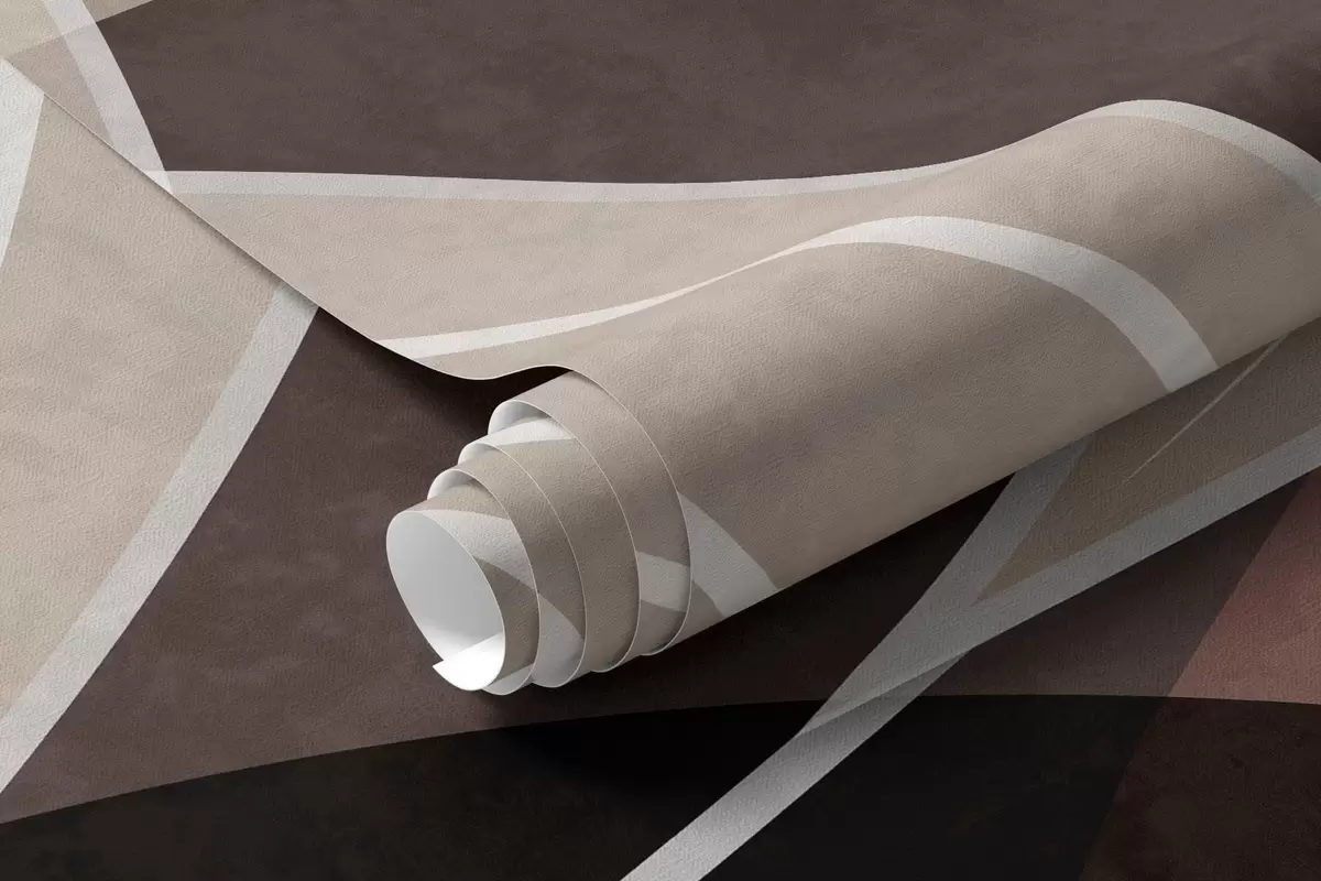 Fototapet stiliserade blad mot en geometrisk bakgrund i nyanser av beige och mörka färger w05987