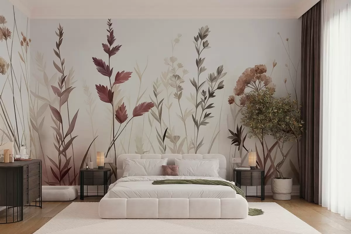 Fototapet Höga vilda gräs och vildblommor i dämpade jordfärger, minimalistisk estetik w10084