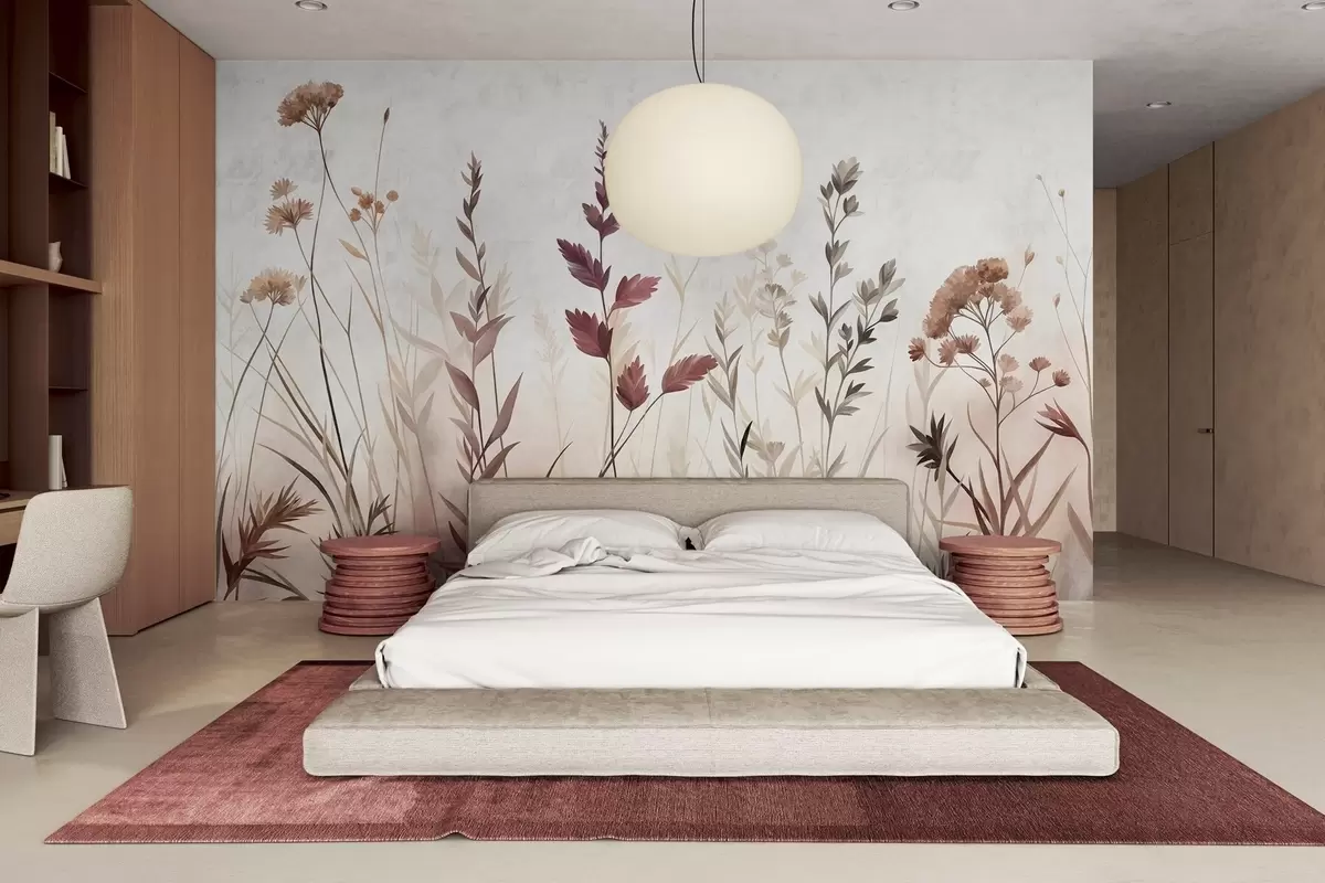 Fototapet Höga vilda gräs och vildblommor i dämpade jordfärger, minimalistisk estetik w10084