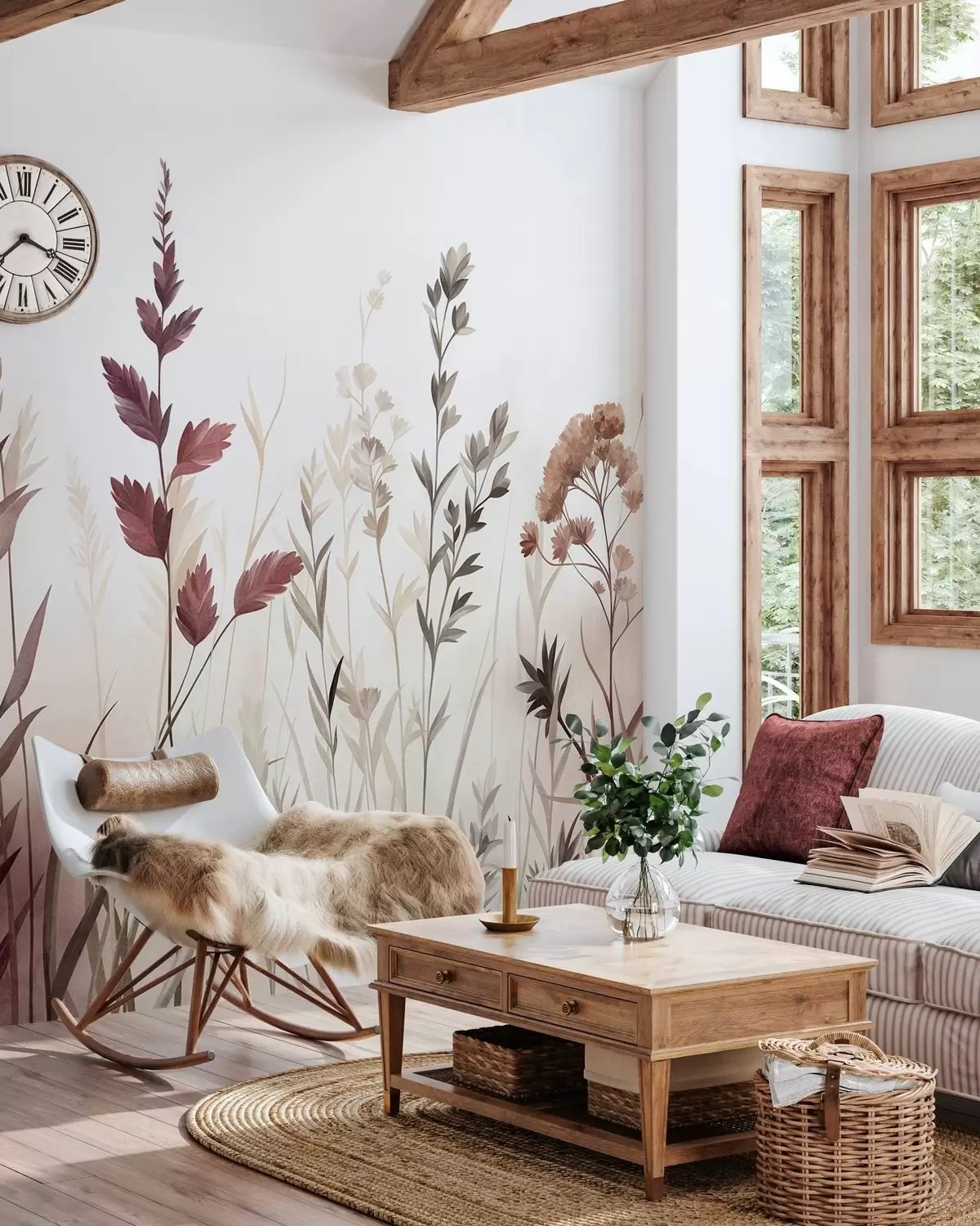 Fototapet Höga vilda gräs och vildblommor i dämpade jordfärger, minimalistisk estetik w10084